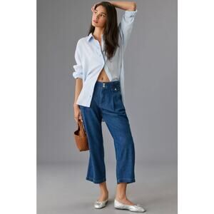 Pilcro Womens 30 Blue Denim Mid Rise Crop Wide Leg Pleated Trouser Jeans